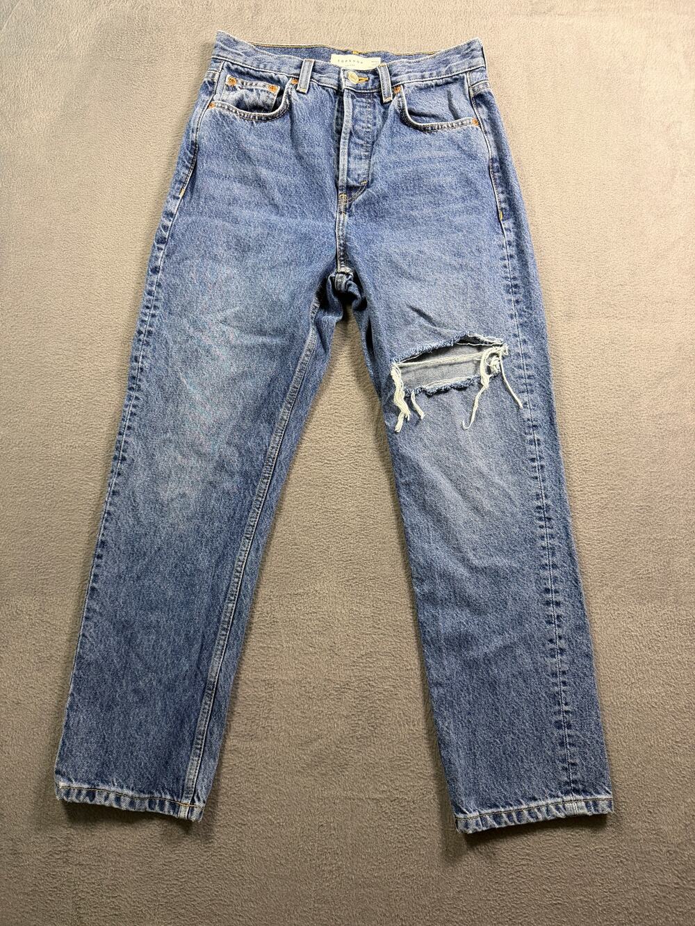 Topshop High Rise Straight Leg Distressed Ripped Knee Blue Denim Jeans Size 26